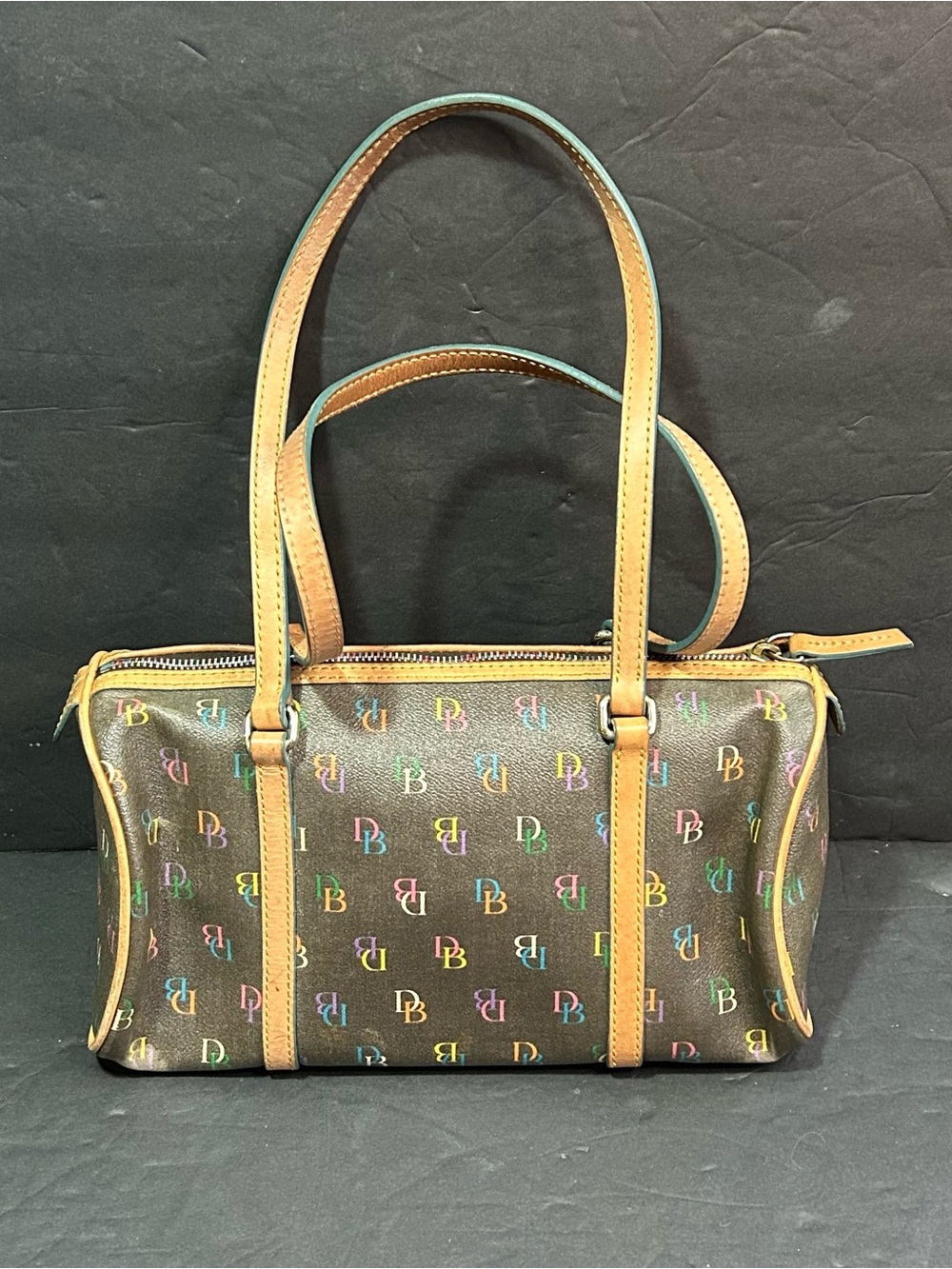Vintage Dooney & Bourke Y2K Rainbow Monogram & Zipper Barrel Bag Brown Smal